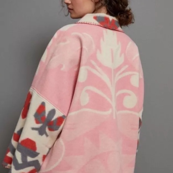 Anthropologie Heidi Kimono Jacket Soft Wool Front Patch Pockets Pink Ivory Motif - Picture 7 of 10
